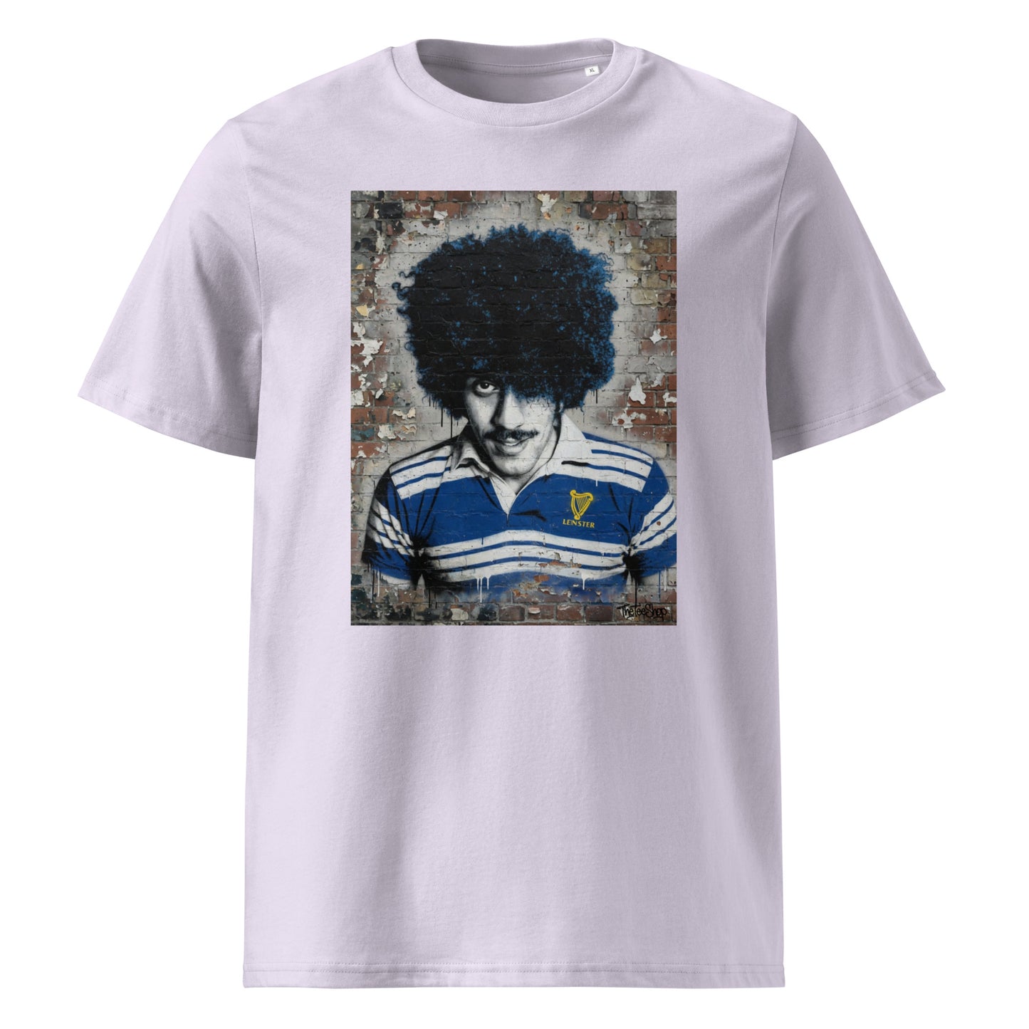 Leinster Legends Rock Poet rugby lavender t-shirt featuring Phil Lynott artwork on a red brick wall.