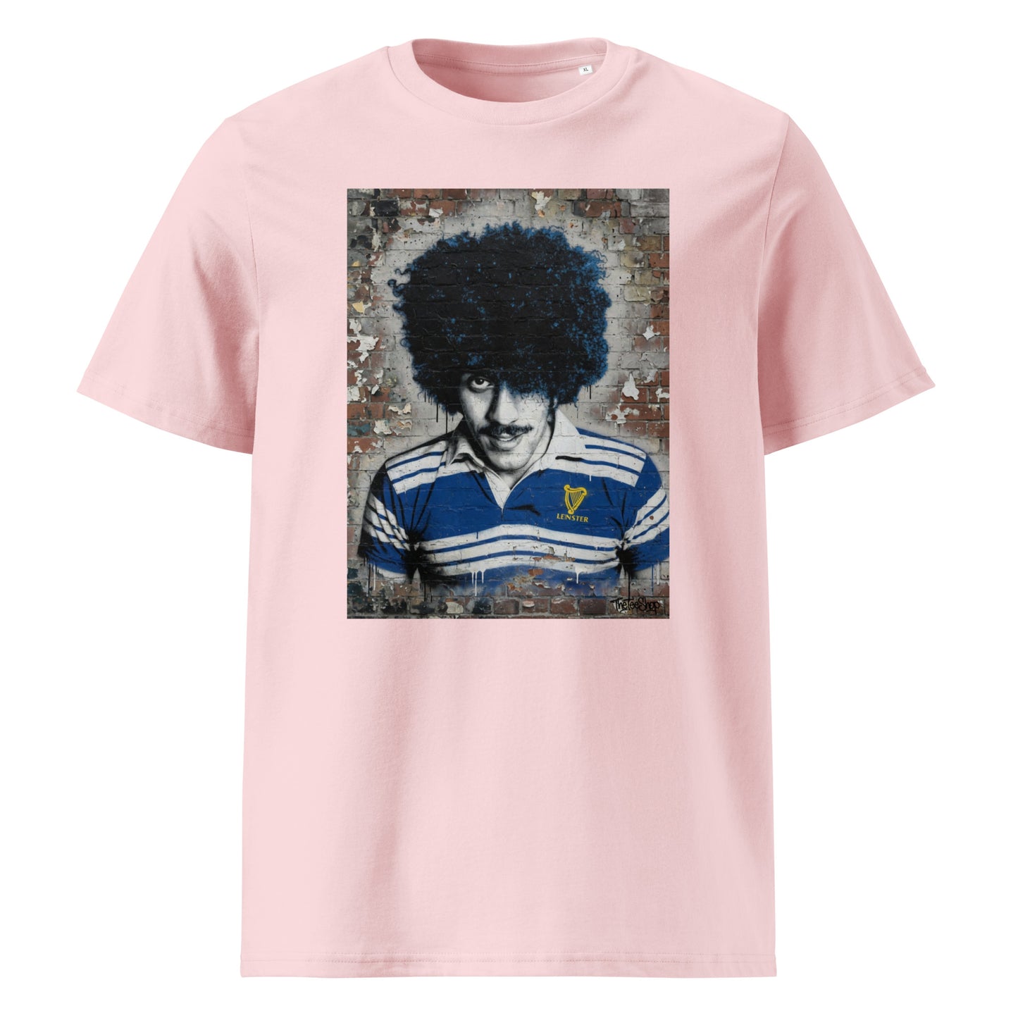 Leinster Legends Rock Poet rugby pink t-shirt featuring Phil Lynott artwork on a red brick wall.