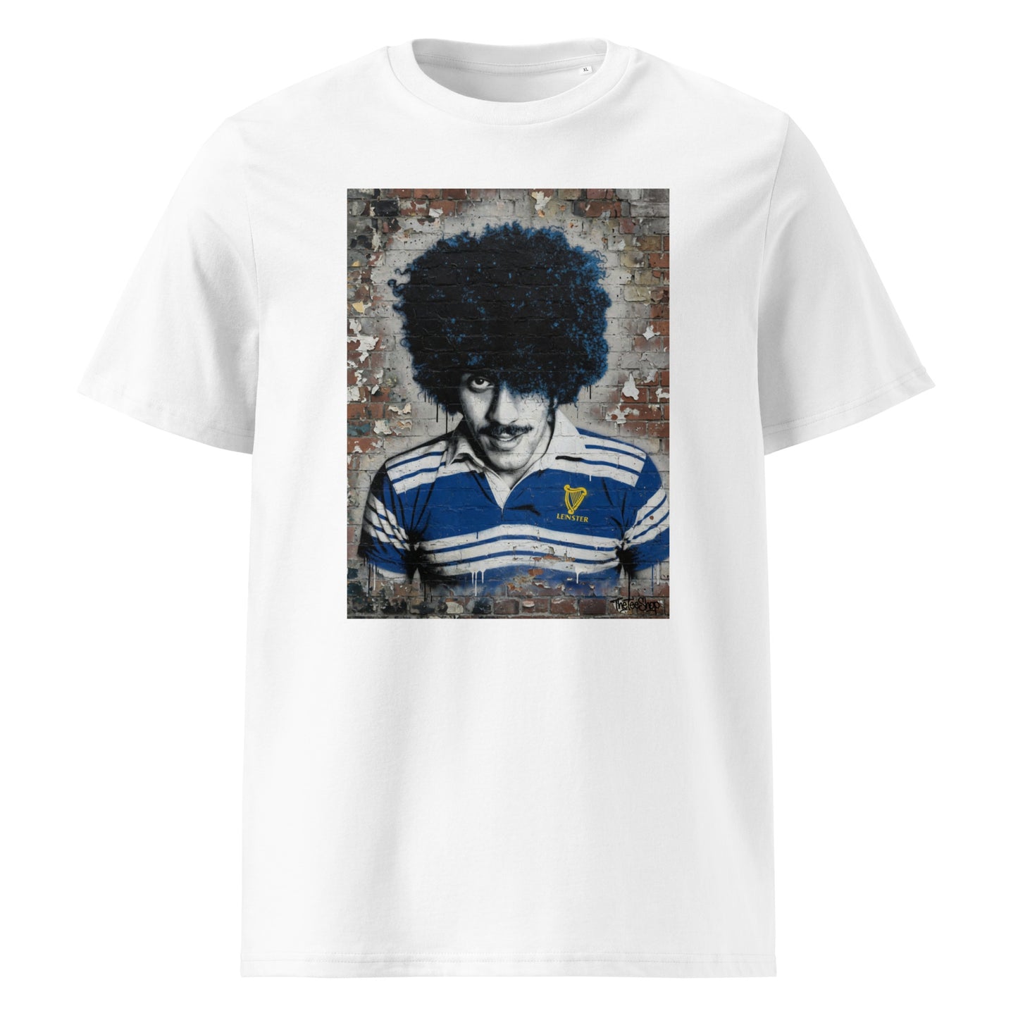 Leinster Legends Rock Poet rugby white t-shirt featuring Phil Lynott artwork on a red brick wall.