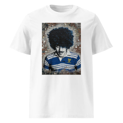 Leinster Legends Rock Poet rugby white t-shirt featuring Phil Lynott artwork on a red brick wall.