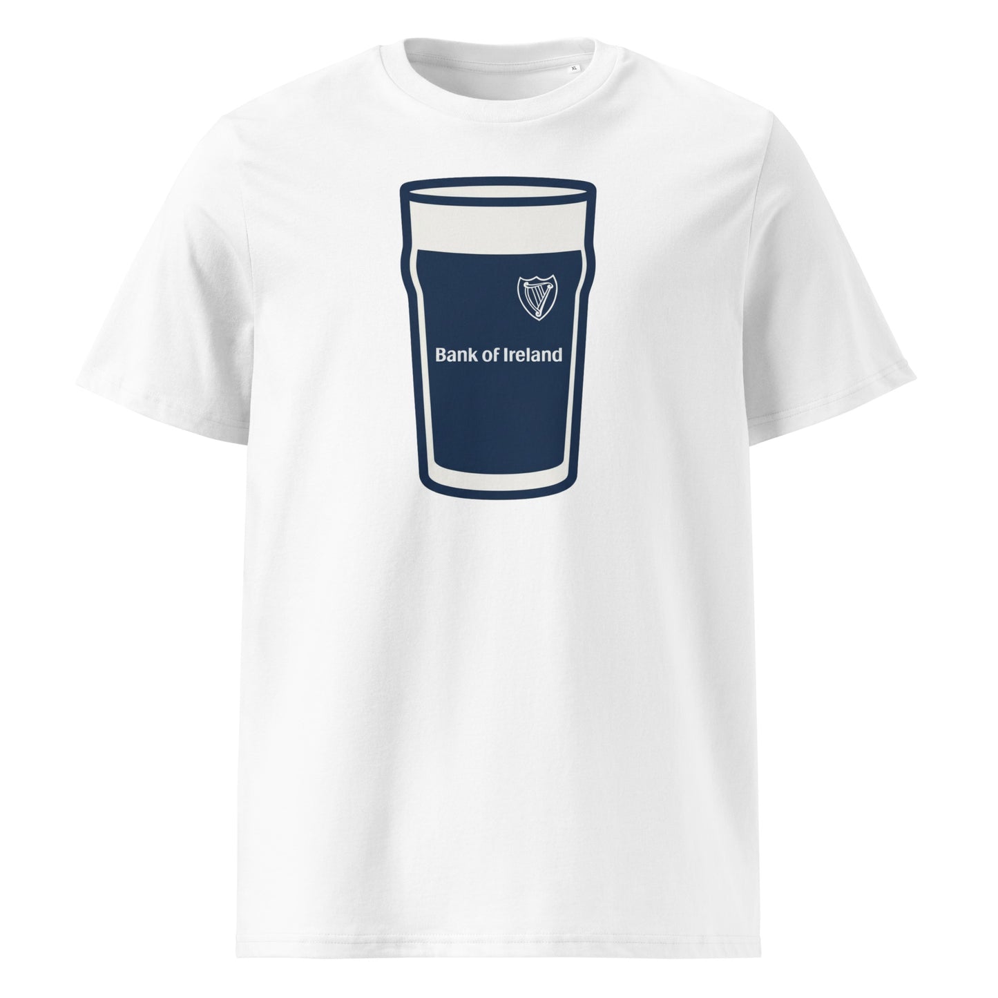 White Leinster Mega Pint Rugby T-Shirt featuring a Guinness pint glass graphic in navy with the Leinster harp crest and Bank of Ireland branding.