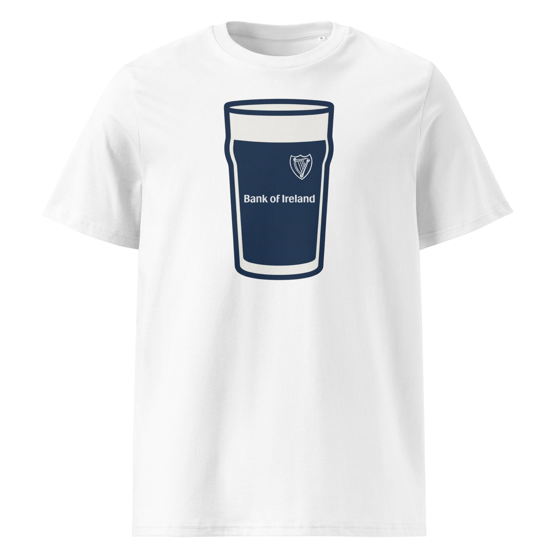 White Leinster Mega Pint Rugby T-Shirt featuring a Guinness pint glass graphic in navy with the Leinster harp crest and Bank of Ireland branding.