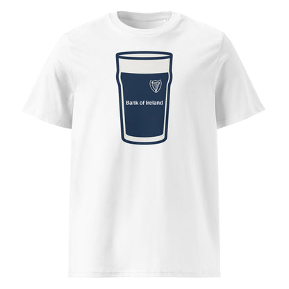 White Leinster Mega Pint Rugby T-Shirt featuring a Guinness pint glass graphic in navy with the Leinster harp crest and Bank of Ireland branding.