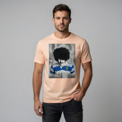 Male model wearing a Leinster rugby legends t-shirt featuring Phil Lynott as the Bassline Rebel in a vintage Leinster jersey.