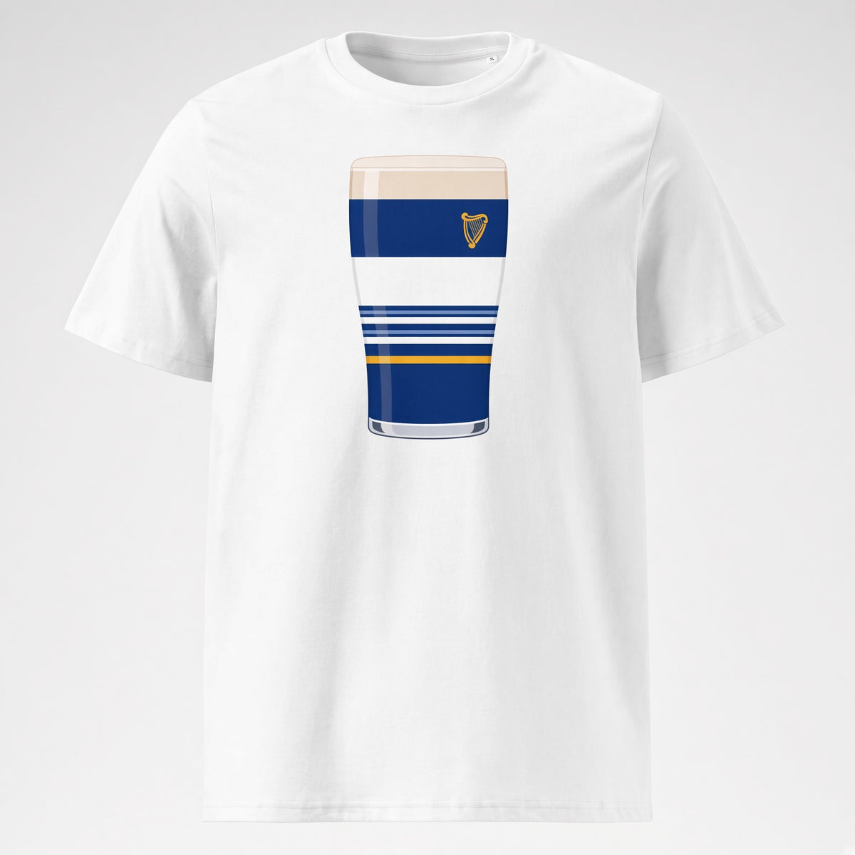 White Leinster Striped Mega Pint rugby t-shirt featuring a blue pint glass graphic with white stripes, a gold accent line and a small harp crest for Leinster supporters on match days
