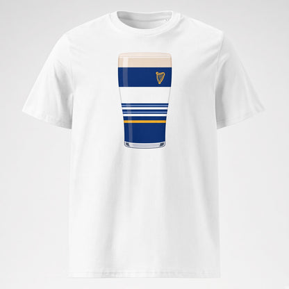 White Leinster Striped Mega Pint rugby t-shirt featuring a blue pint glass graphic with white stripes, a gold accent line and a small harp crest for Leinster supporters on match days