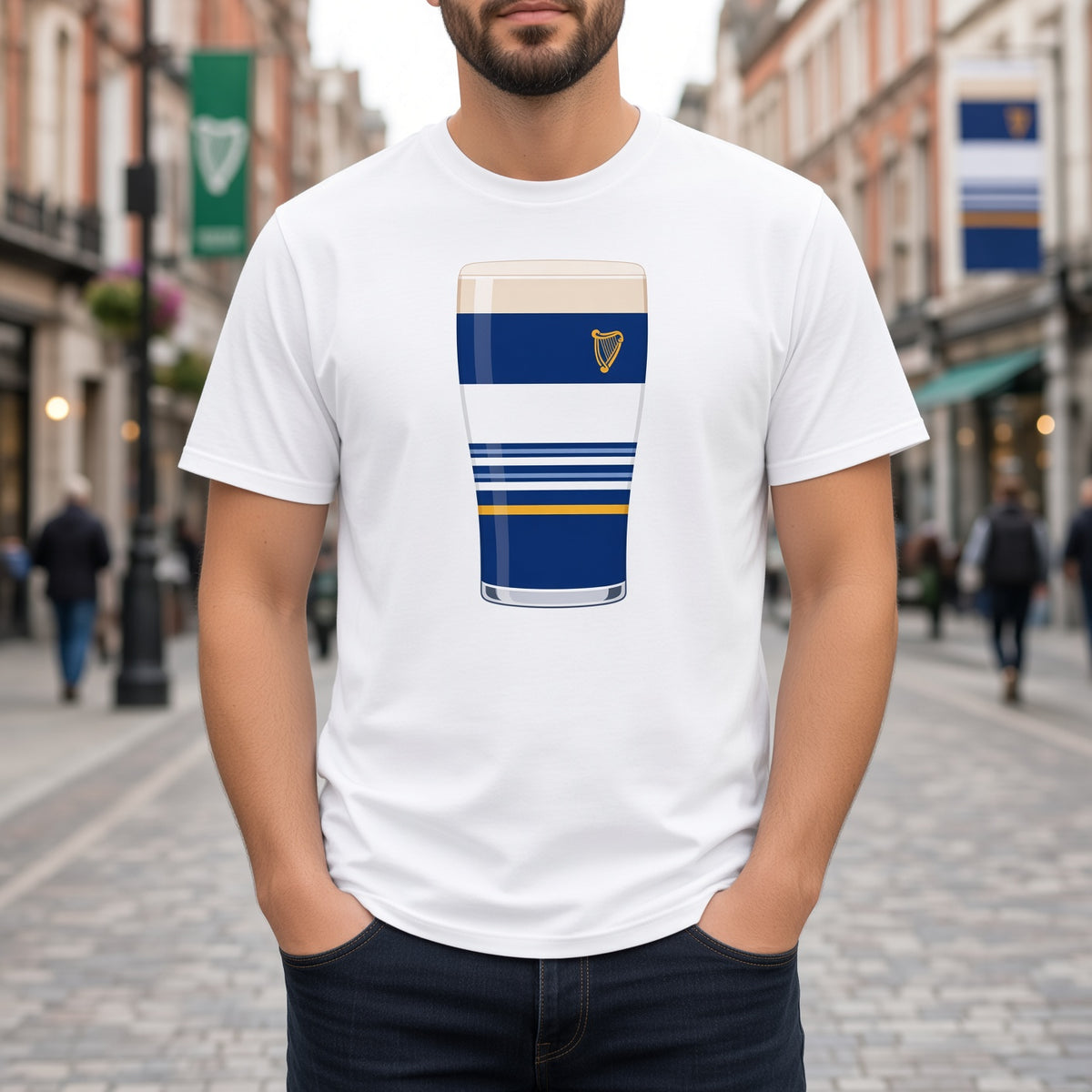 Close-up of a white Leinster Striped Mega Pint rugby t-shirt showing the blue pint glass graphic with white stripes, gold accent line and harp crest for Leinster match day supporters