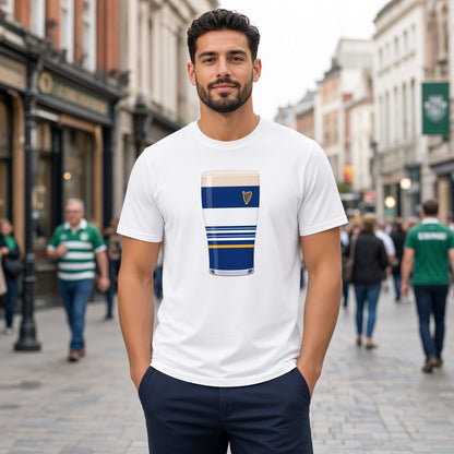 Male model wearing a white Leinster Striped Mega Pint rugby t-shirt with a blue pint glass graphic, white stripes, gold accent line and harp crest, photographed on a street with supporters for match day fanwear