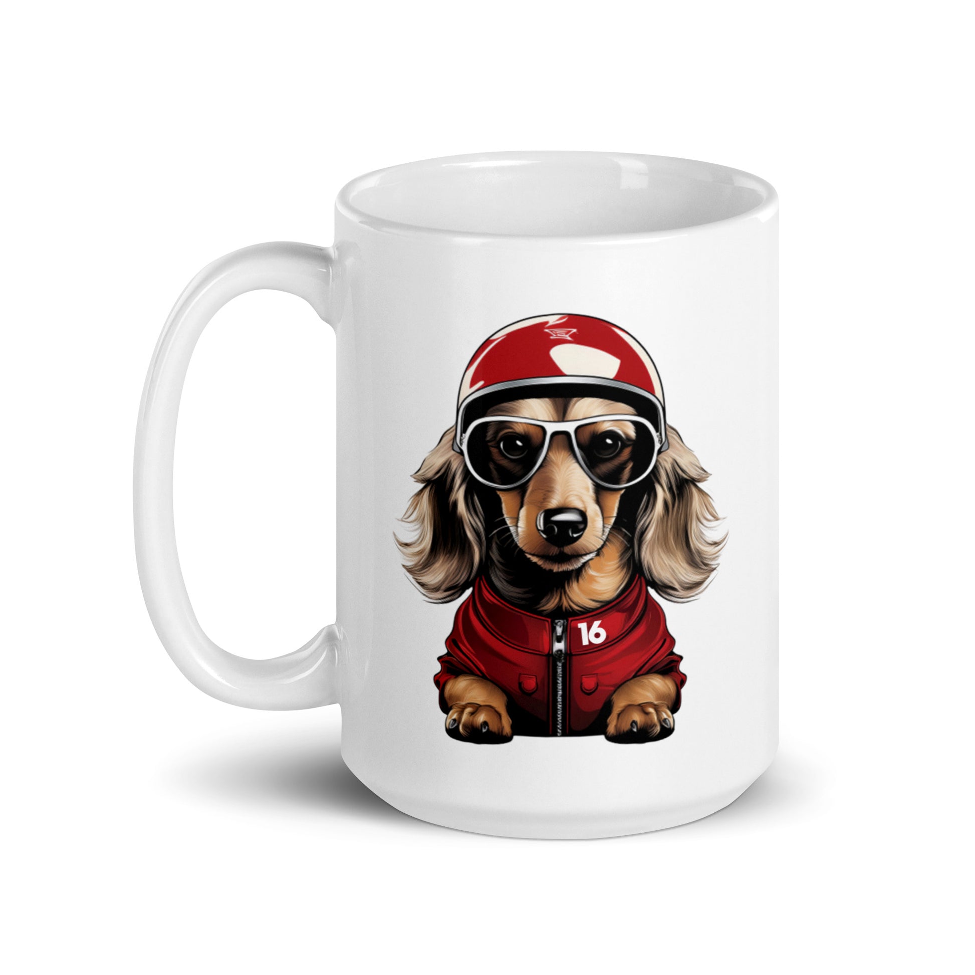 White ceramic 15oz mug featuring a playful illustration of Leo Leclerc, a dachshund wearing sunglasses, a Ferrari racing helmet, and a red number 16 jacket, inspired by Charles Leclerc’s famous F1 dog.