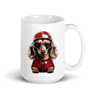 White ceramic 15oz mug featuring a playful illustration of Leo Leclerc, a dachshund wearing sunglasses, a Ferrari racing helmet, and a red number 16 jacket, inspired by Charles Leclerc’s famous F1 dog.