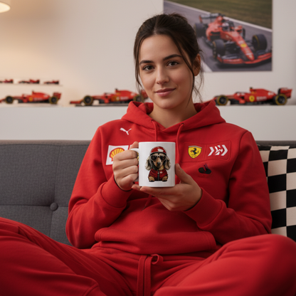 Female F1 fan in Ferrari or dog-themed homewear, enjoying a hot drink from the Leo Leclerc Mug while relaxing on the sofa with Ferrari or motorsport décor in the background.
