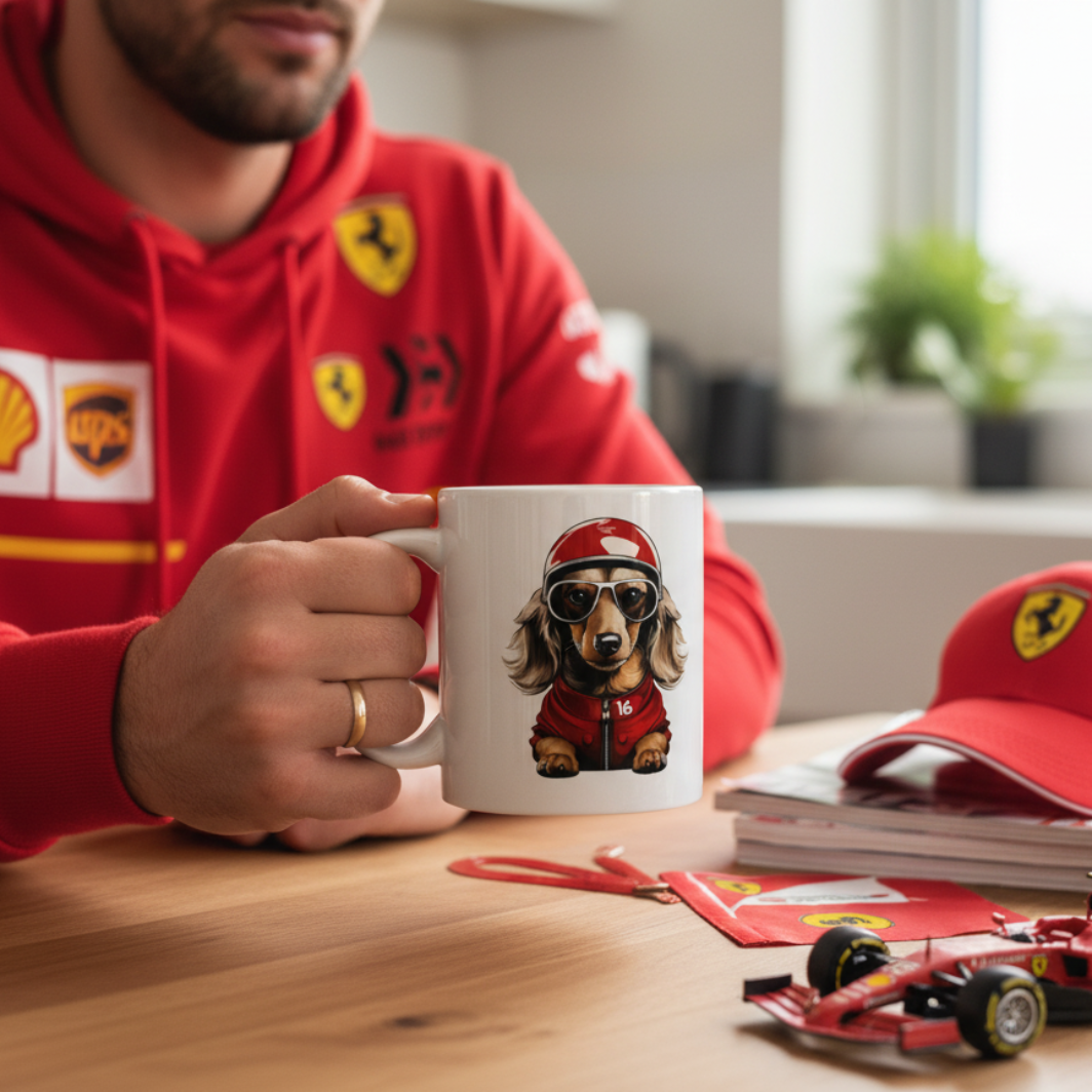 Male F1 fan in Ferrari loungewear, drinking from the Leo Leclerc Mug at home, with Ferrari or Charles Leclerc memorabilia in the background.
