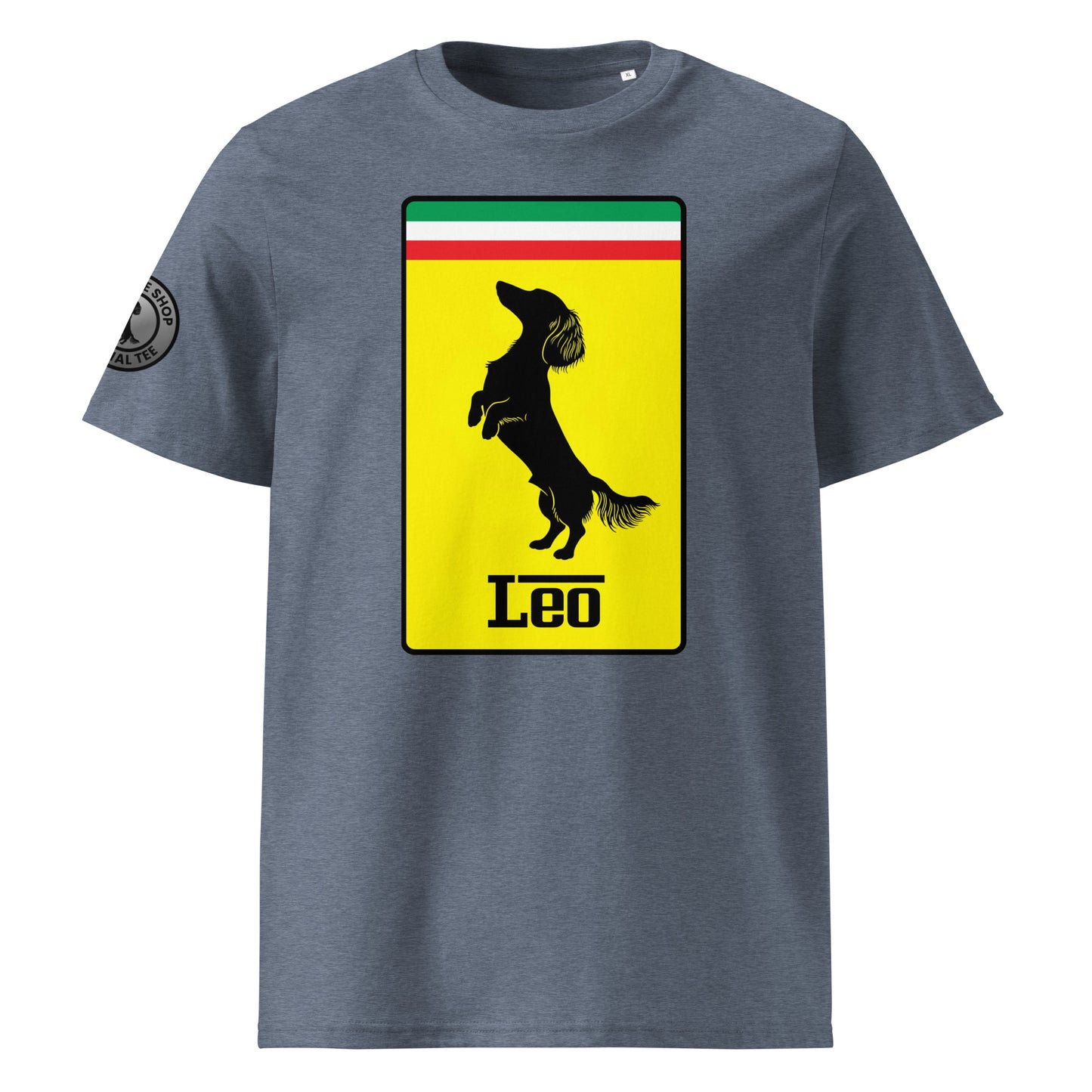 Product photo of the Leo Stallion Dog T-Shirt in dark heather blue, featuring a bold yellow badge with a black silhouette of a longhaired dachshund and “Leo” text, inspired by Italian motorsport and perfect for racing and dog lovers.