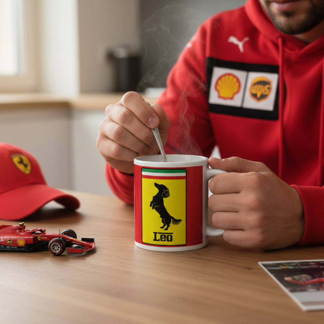 Male fan in racing loungewear, drinking from the Leo Stallion Dog Mug at home, with motorsport memorabilia in the background.