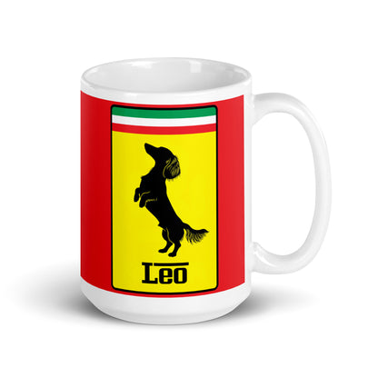 White ceramic 15oz mug with a bold red background featuring a yellow shield, the Italian tricolor, and a black silhouette of a dachshund rearing up, with the text “Leo”—inspired by quick dogs.