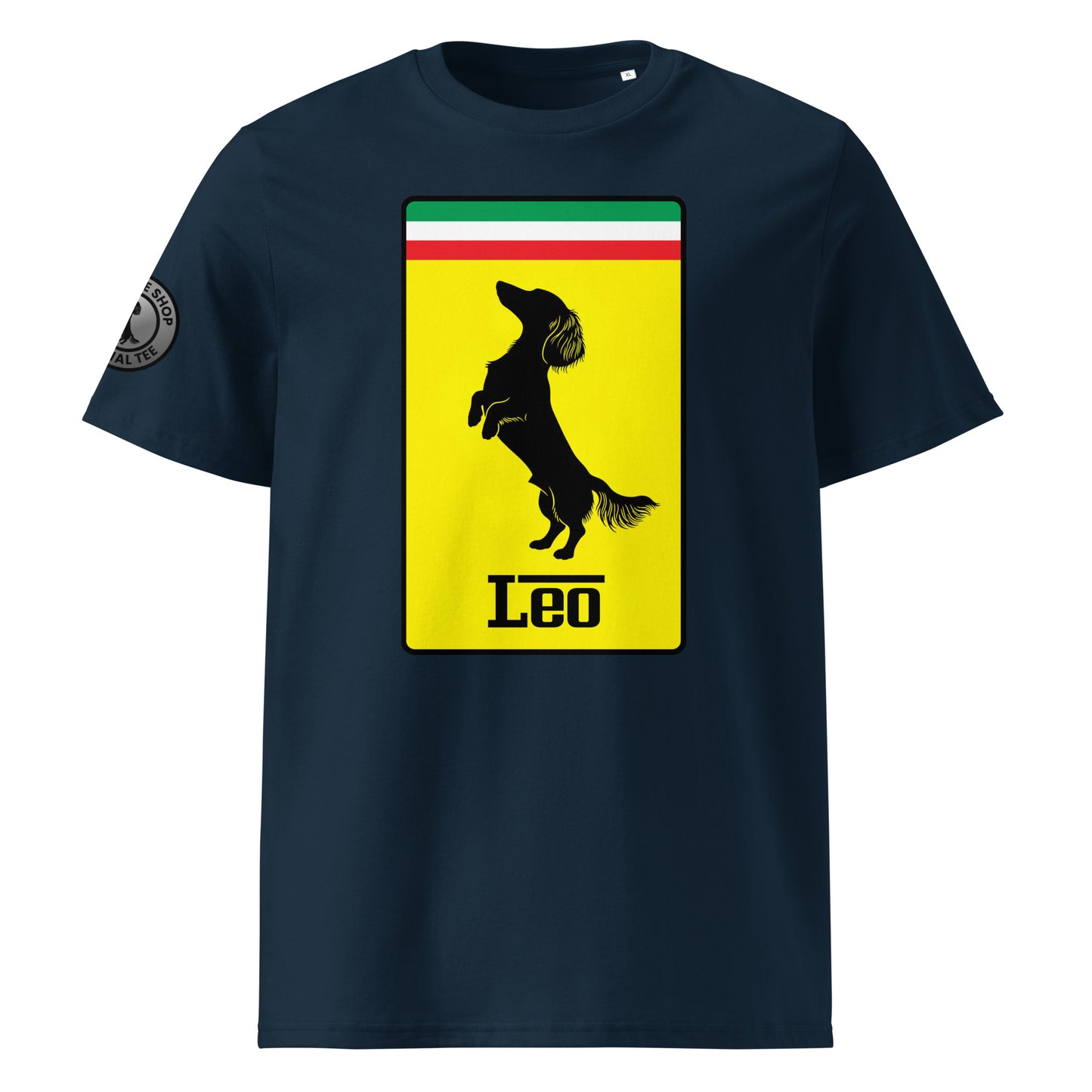 Product photo of the Leo Stallion Dog T-Shirt in navy, featuring a bold yellow badge with a black silhouette of a longhaired dachshund and “Leo” text, inspired by Italian motorsport and perfect for racing and dog lovers.