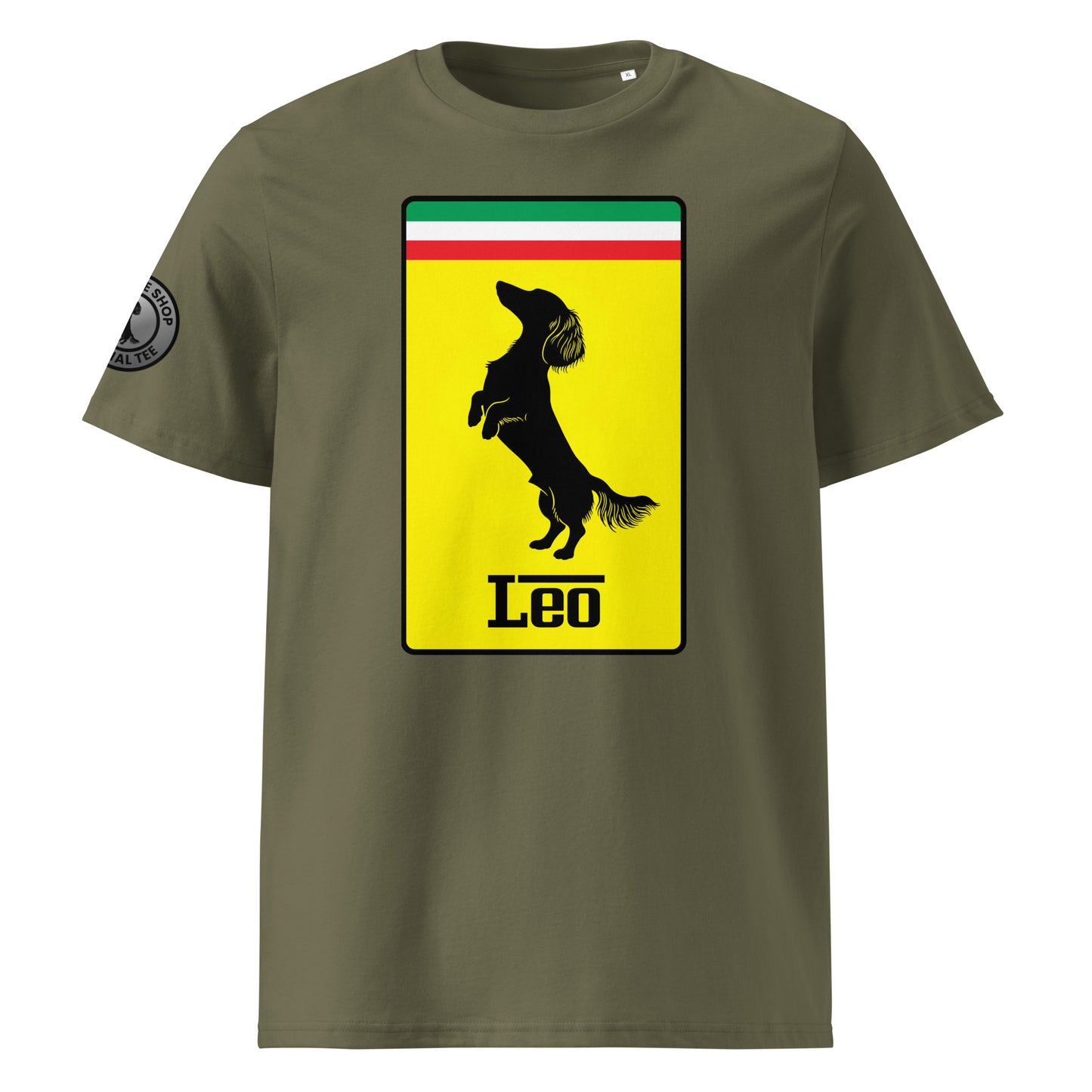 Product photo of the Leo Stallion Dog T-Shirt in khaki, featuring a bold yellow badge with a black silhouette of a longhaired dachshund and “Leo” text, inspired by Italian motorsport and perfect for racing and dog lovers.