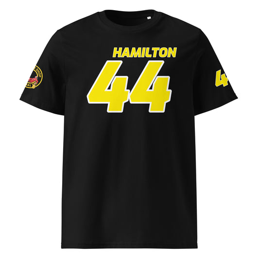 View the front of the black Lewis Hamilton T-Shirt, featuring "HAMILTON" and the number "44" in Ferrari yellow. Perfect for F1 fans and petrol heads.