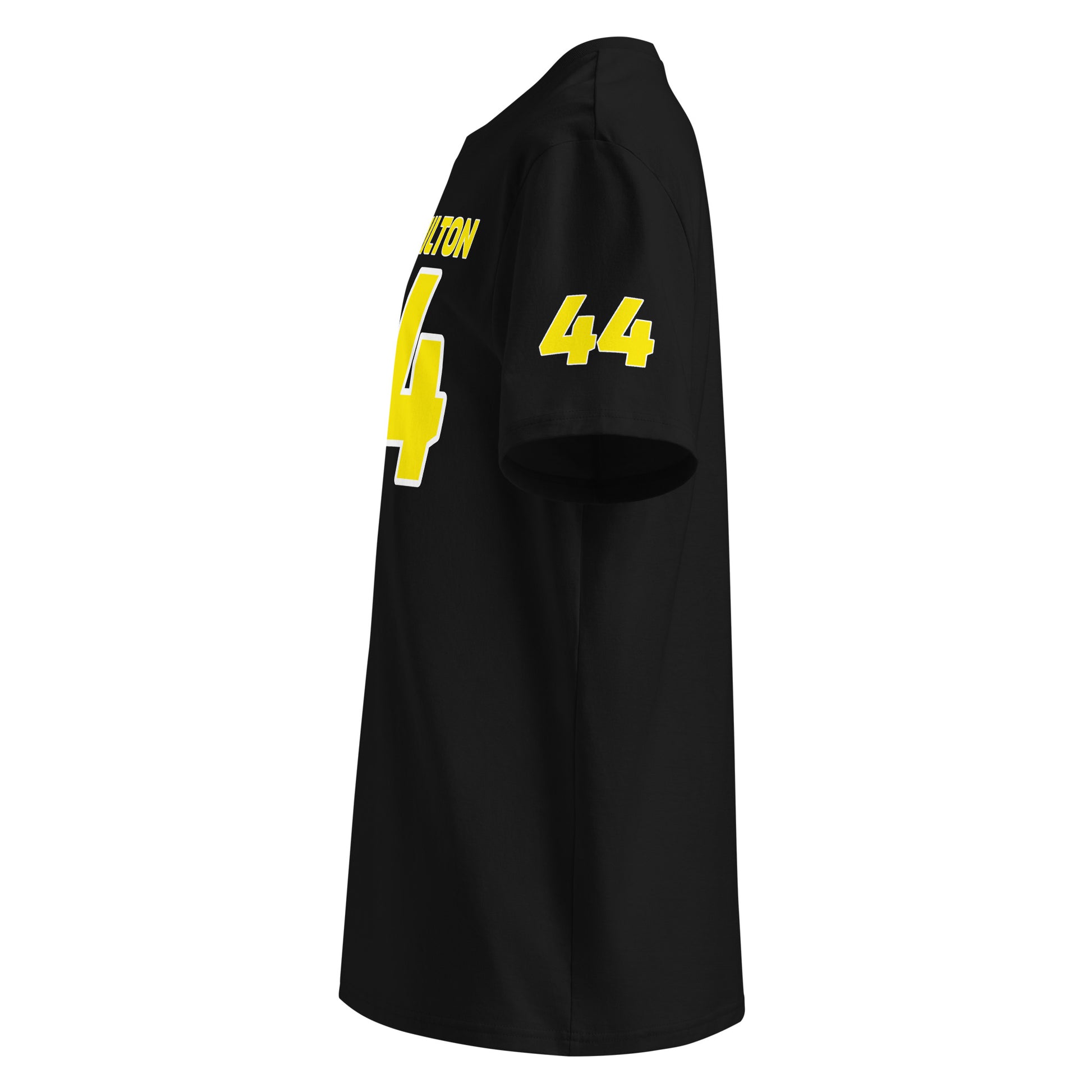 See the left sleeve of the black Lewis Hamilton T-Shirt, featuring the number "44" in Ferrari yellow. Ideal for car meets and shows.