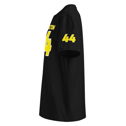 See the left sleeve of the black Lewis Hamilton T-Shirt, featuring the number "44" in Ferrari yellow. Ideal for car meets and shows.