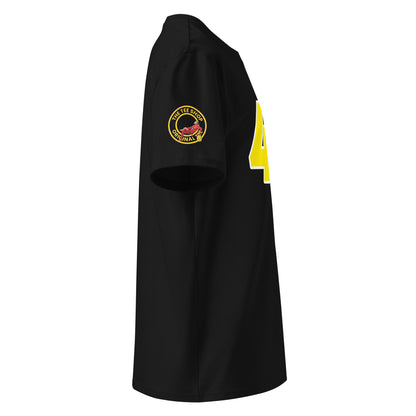 Check out the right sleeve of the black Lewis Hamilton T-Shirt, showcasing TheTeeShop logo with a unique image correlating to Lewis Hamilton.