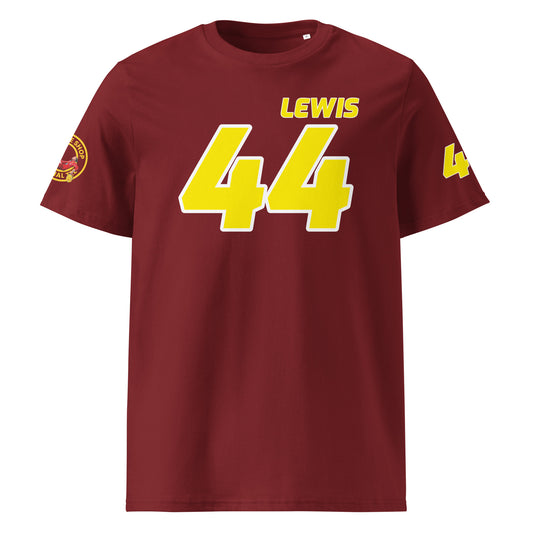 View the front of the burgundy Lewis Hamilton T-Shirt, featuring "LEWIS" and the number "44". Perfect for F1 fans and petrol heads.