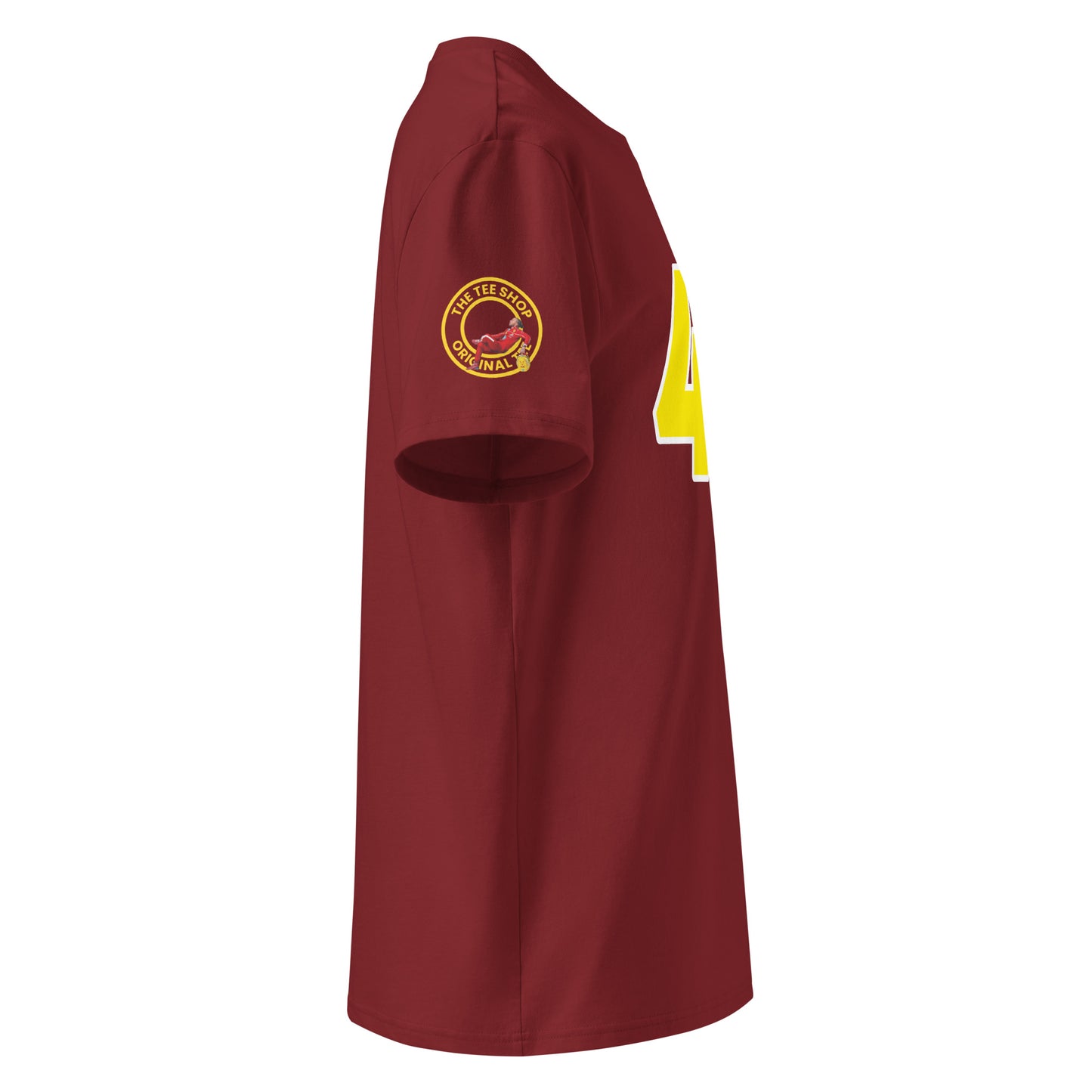 Check out the right sleeve of the burgundy Lewis Hamilton T-Shirt, showcasing TheTeeShop logo with a unique image correlating to Lewis Hamilton.