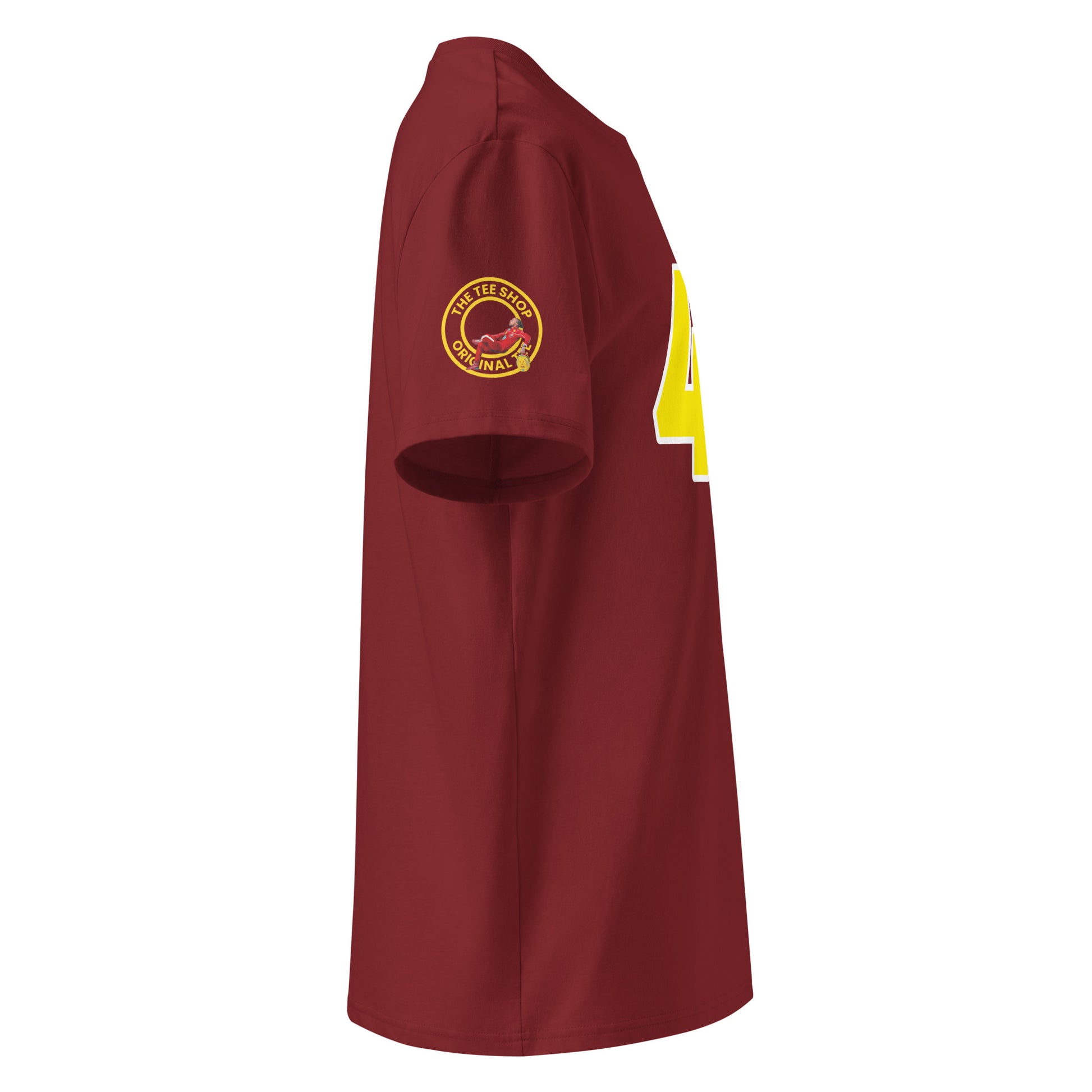 Check out the right sleeve of the burgundy Lewis Hamilton T-Shirt, showcasing TheTeeShop logo with a unique image correlating to Lewis Hamilton.