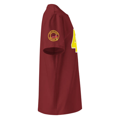 Check out the right sleeve of the burgundy Lewis Hamilton T-Shirt, showcasing TheTeeShop logo with a unique image correlating to Lewis Hamilton.