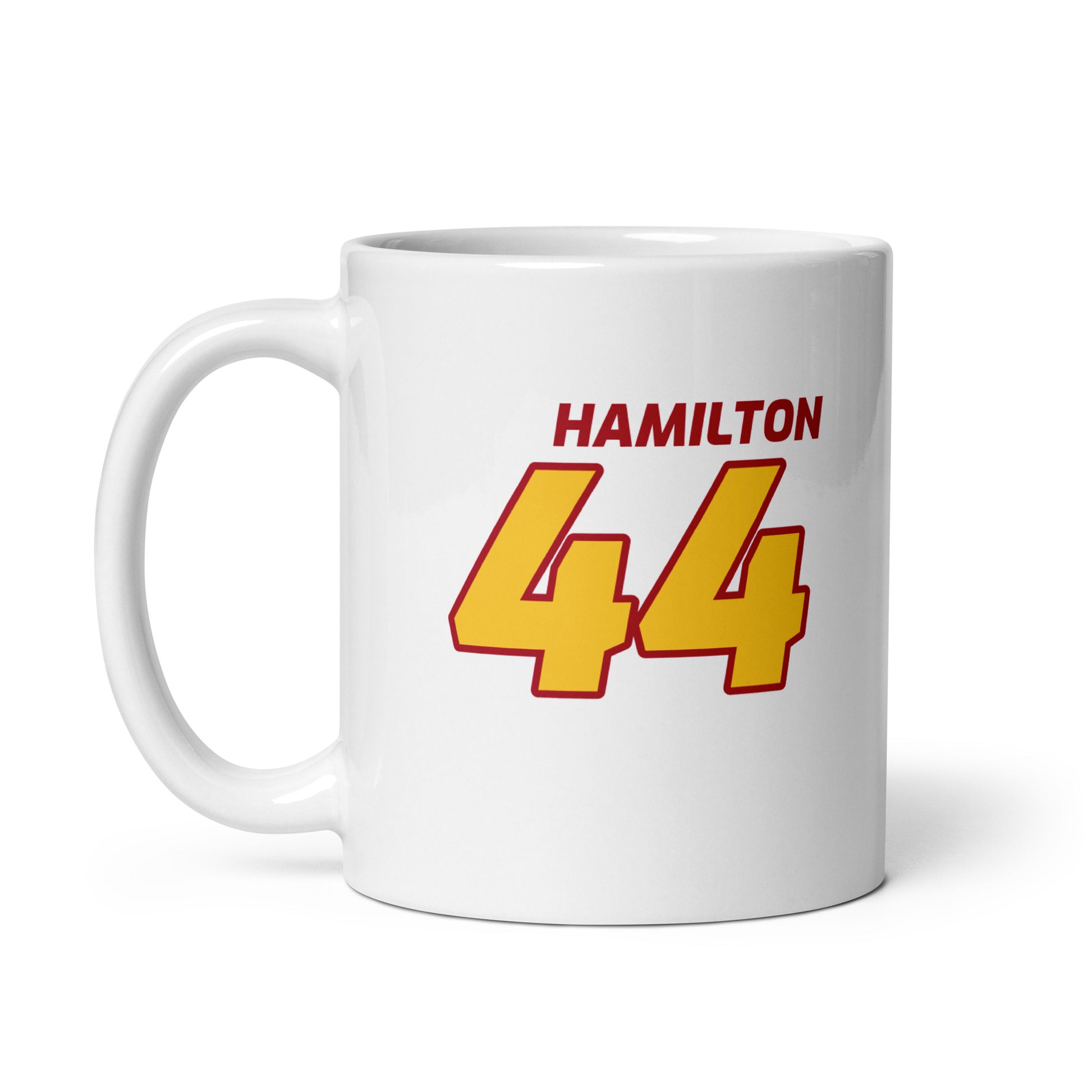 The Lewis Hamilton Racing Mug features Lewis's name and number "44" in vibrant Ferrari team colours. Ideal for enjoying a brew while watching the Grand Prix.