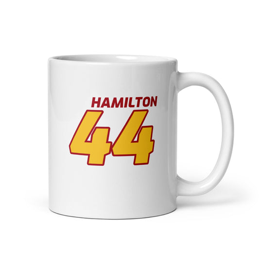 The Lewis Hamilton Racing Mug showcasing Lewis's name and number "44" in bold Ferrari team colours of red and yellow. Perfect for motorsport fans and collectors.