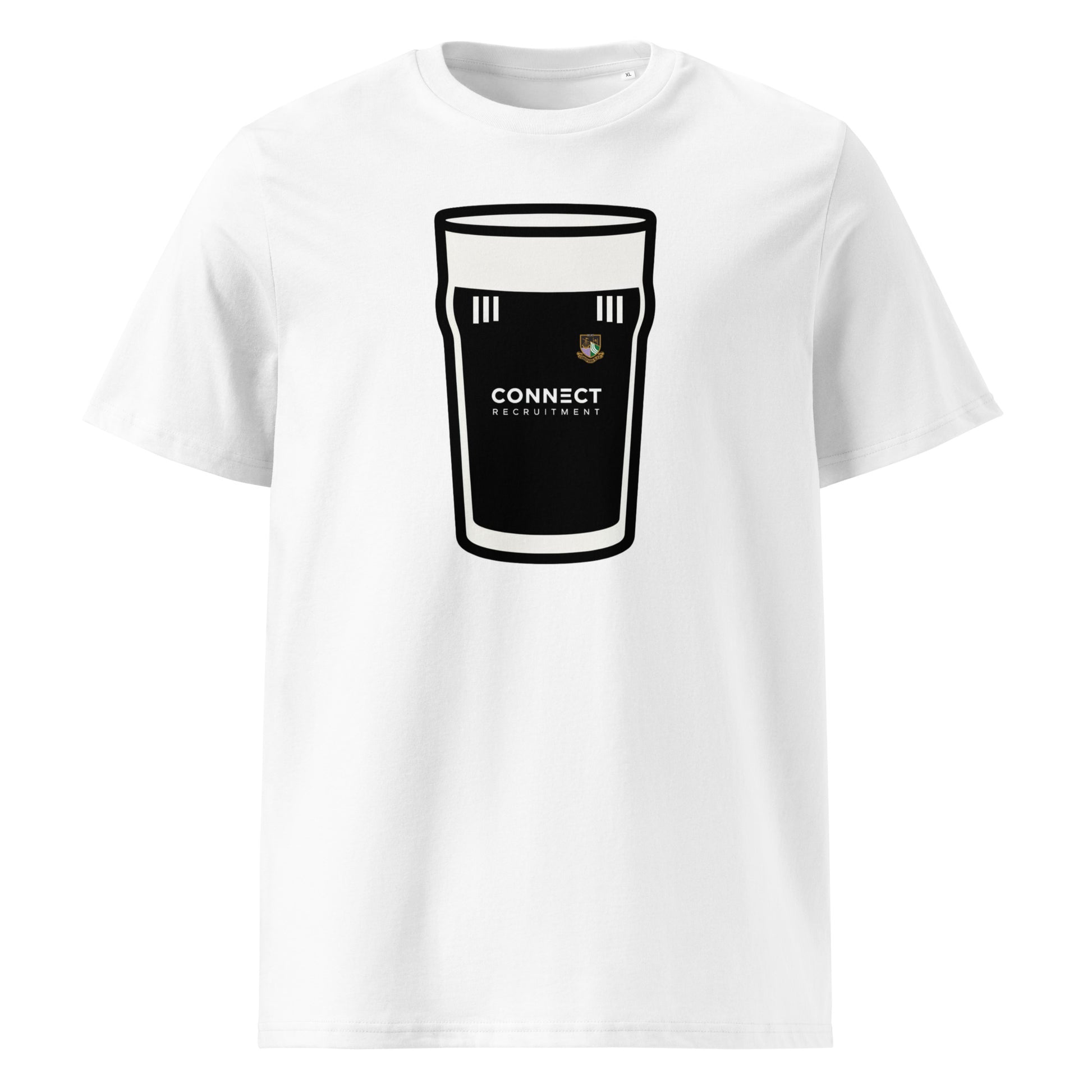 White Longford RFC Mega Pint Rugby T-Shirt with black and white pint glass graphic, Longford RFC crest and Connect Recruitment sponsor detail.
