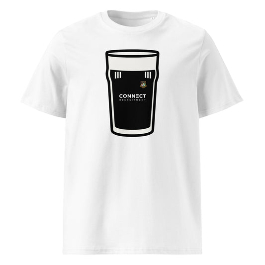 White Longford RFC Mega Pint Rugby T-Shirt with black and white pint glass graphic, Longford RFC crest and Connect Recruitment sponsor detail.