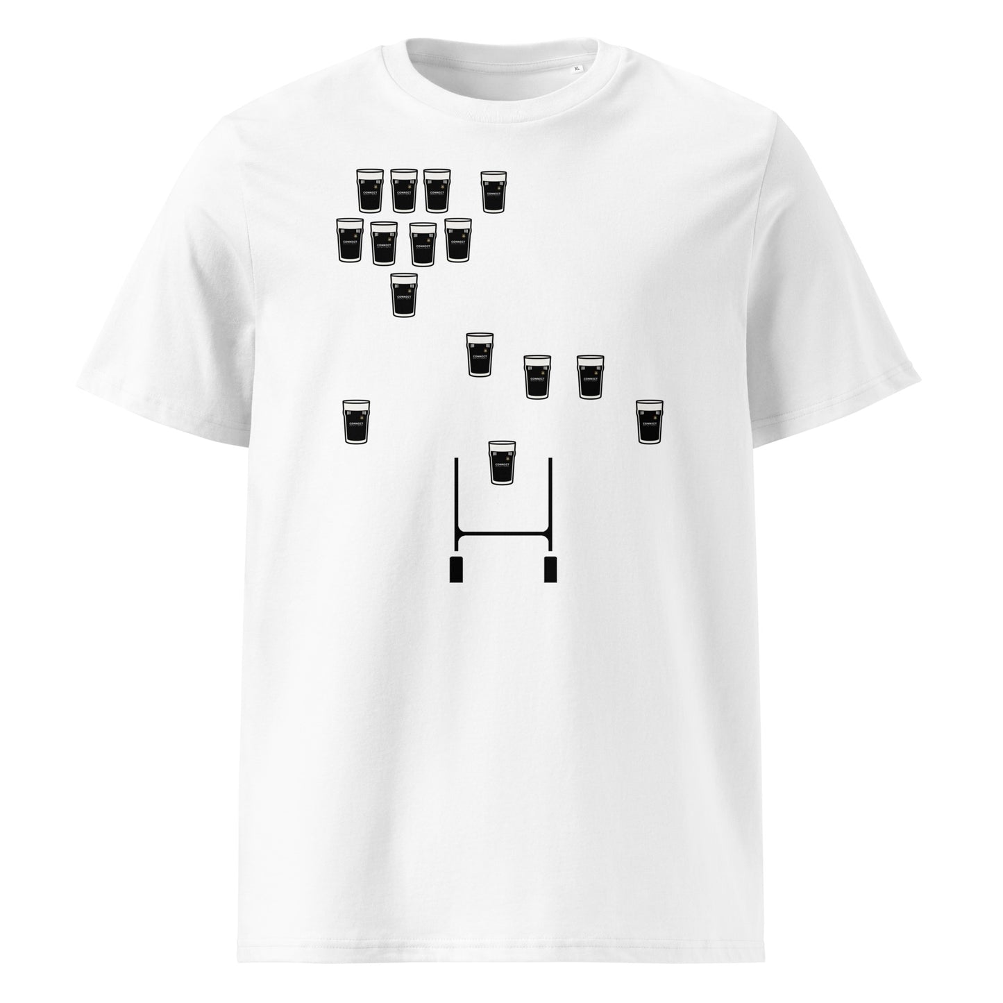 White Longford RFC rugby t-shirt featuring black pint glasses arranged in a rugby team formation above rugby posts.