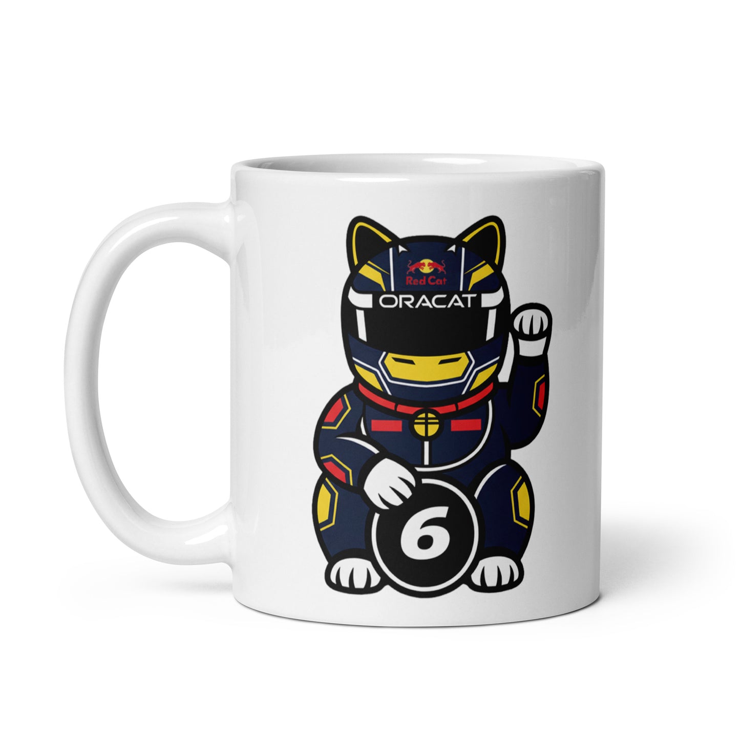 White glossy mug featuring a dark-suited lucky cat racer holding a #6 lucky coin made for #6 fans and French flyer believers.