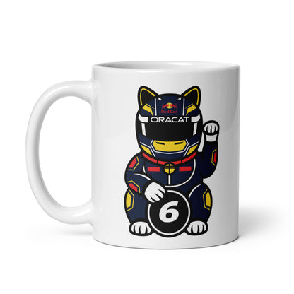 White glossy mug featuring a dark-suited lucky cat racer holding a #6 lucky coin made for #6 fans and French flyer believers.
