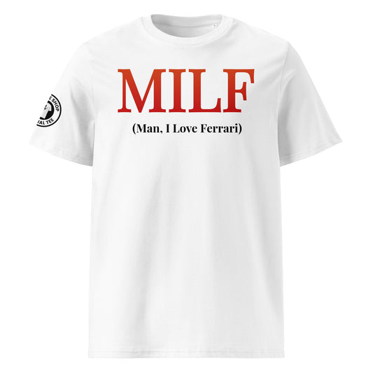 MILF Man I love Ferrari wihite t-shirt with red gradient logo front view.