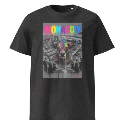 Dark grey unisex organic cotton Monaco  t-shirt with the MONACOW 2026 V1.0 statement front print—colour-drip MONACOW lettering and cow-in-shades artwork with a luxury race-weekend vibe.