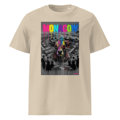 Desert dust unisex organic cotton Monaco t-shirt featuring the MONACOW 2026 V1.0 front print—bright drip text and cow graphic over a luxury motorsport-weekend scene.