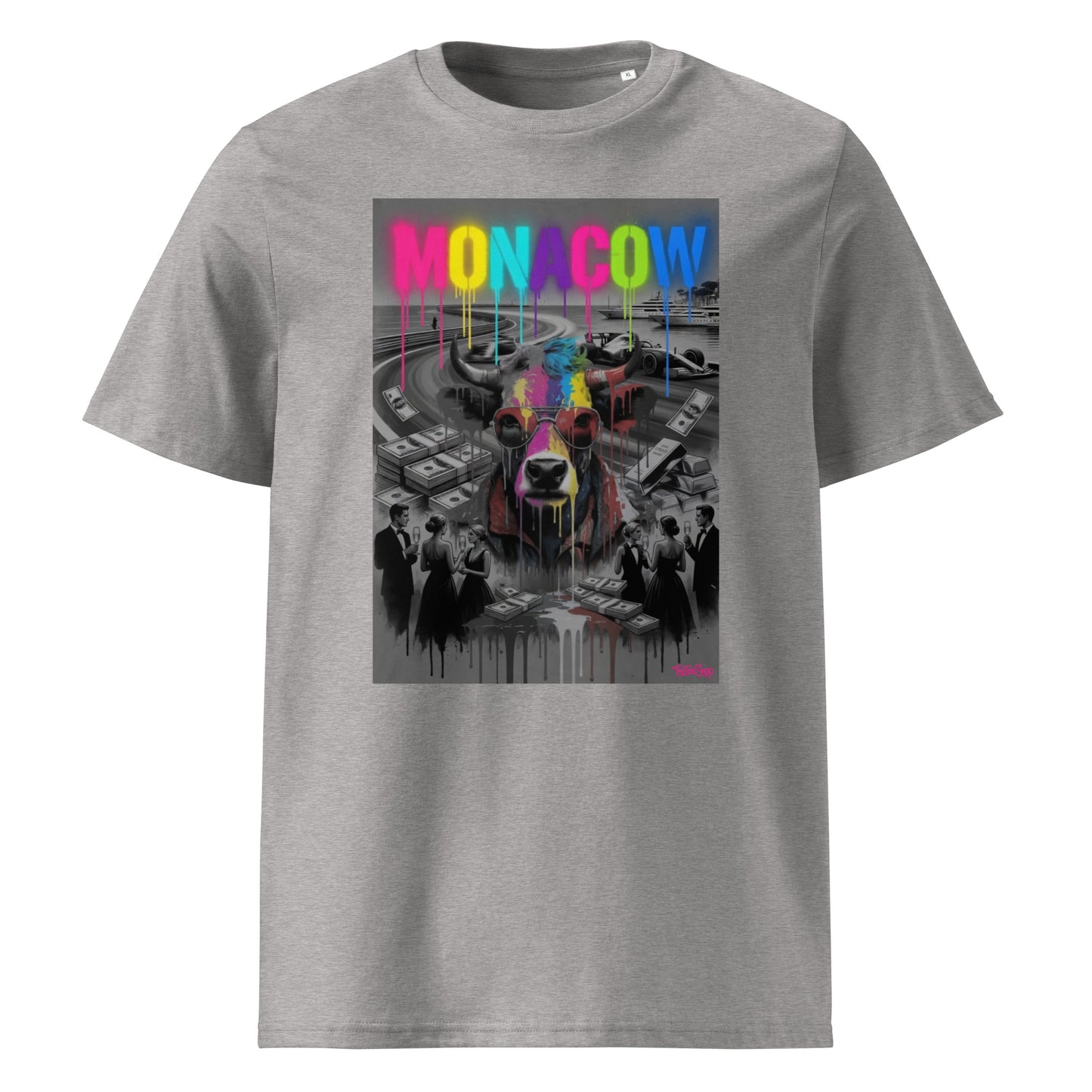 Grey unisex organic cotton Monaco t-shirt showing the MONACOW 2026 V1.0 front graphic with vibrant dripping typography and bold cow artwork inspired by motorsport culture.