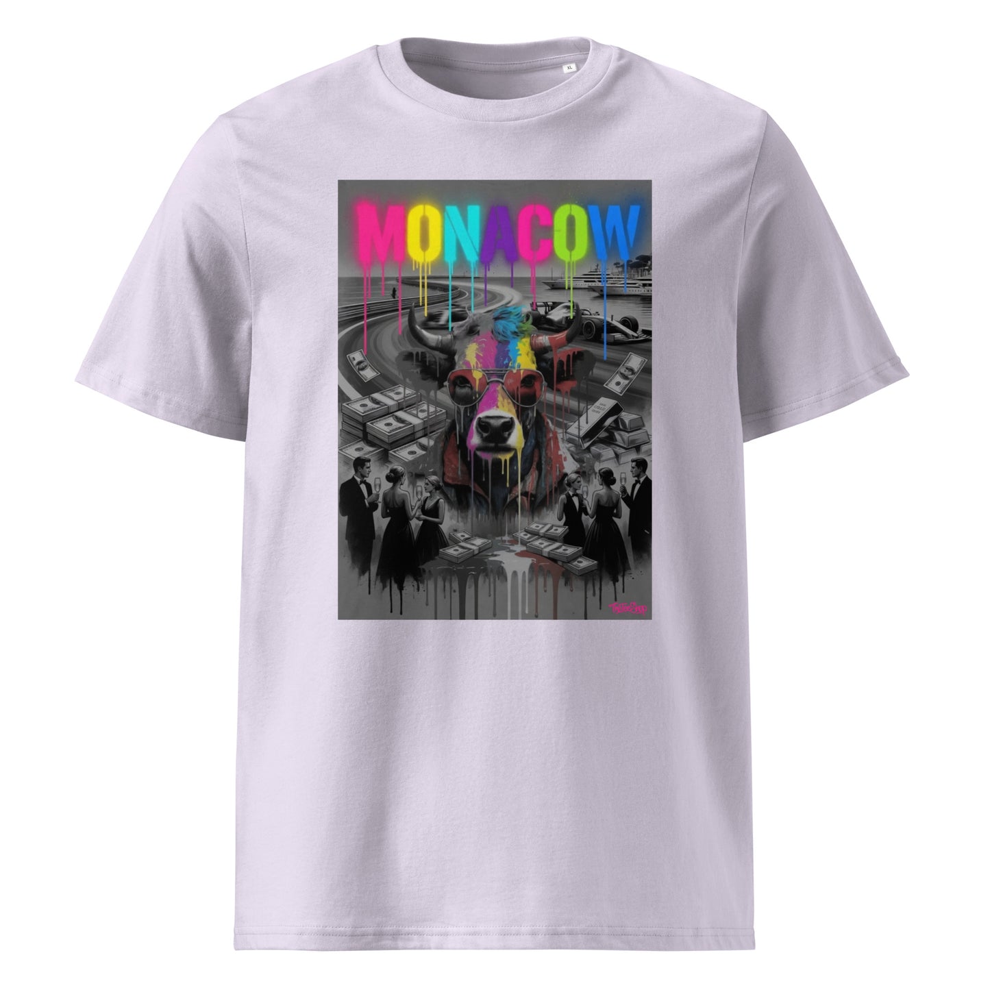 Lavender unisex organic cotton Monaco t-shirt displaying the MONACOW 2026 V1.0 front graphic—dripping colour typography and cow artwork with premium race-weekend energy.
