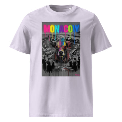 Lavender unisex organic cotton Monaco t-shirt displaying the MONACOW 2026 V1.0 front graphic—dripping colour typography and cow artwork with premium race-weekend energy.
