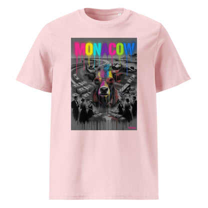 Pink unisex organic cotton Monaco t-shirt with the MONACOW 2026 V1.0 graphic on the front, combining colourful dripping MONACOW lettering and a bold cow-in-sunglasses design.