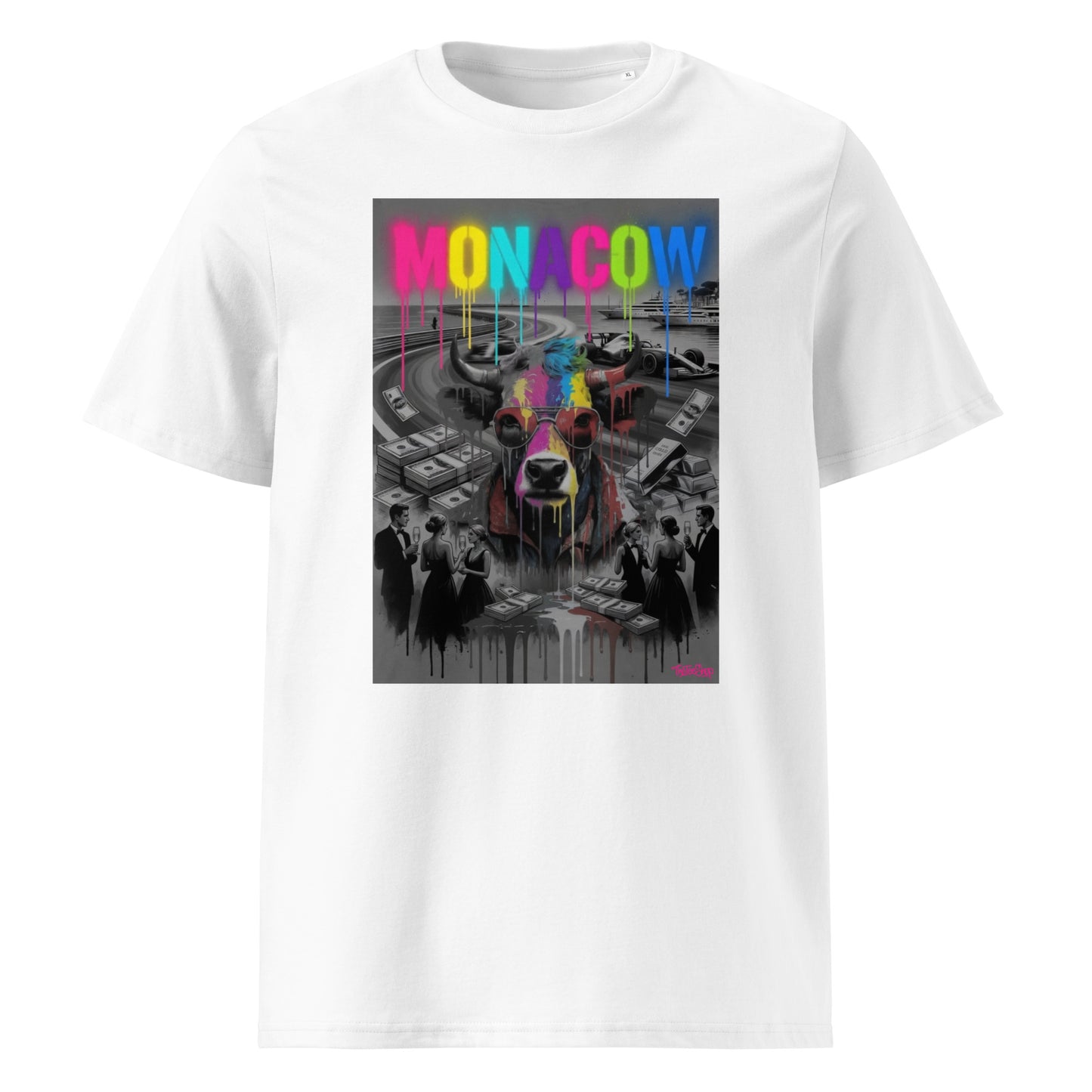 White unisex organic cotton Monaco t-shirt featuring the MONACOW 2026 V1.0 front print with colourful dripping text and a cow in sunglasses over a luxury motorsport weekend scene.