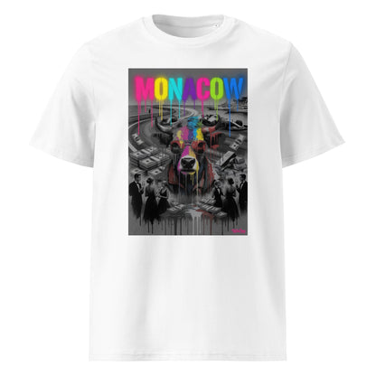 White unisex organic cotton Monaco t-shirt featuring the MONACOW 2026 V1.0 front print with colourful dripping text and a cow in sunglasses over a luxury motorsport weekend scene.