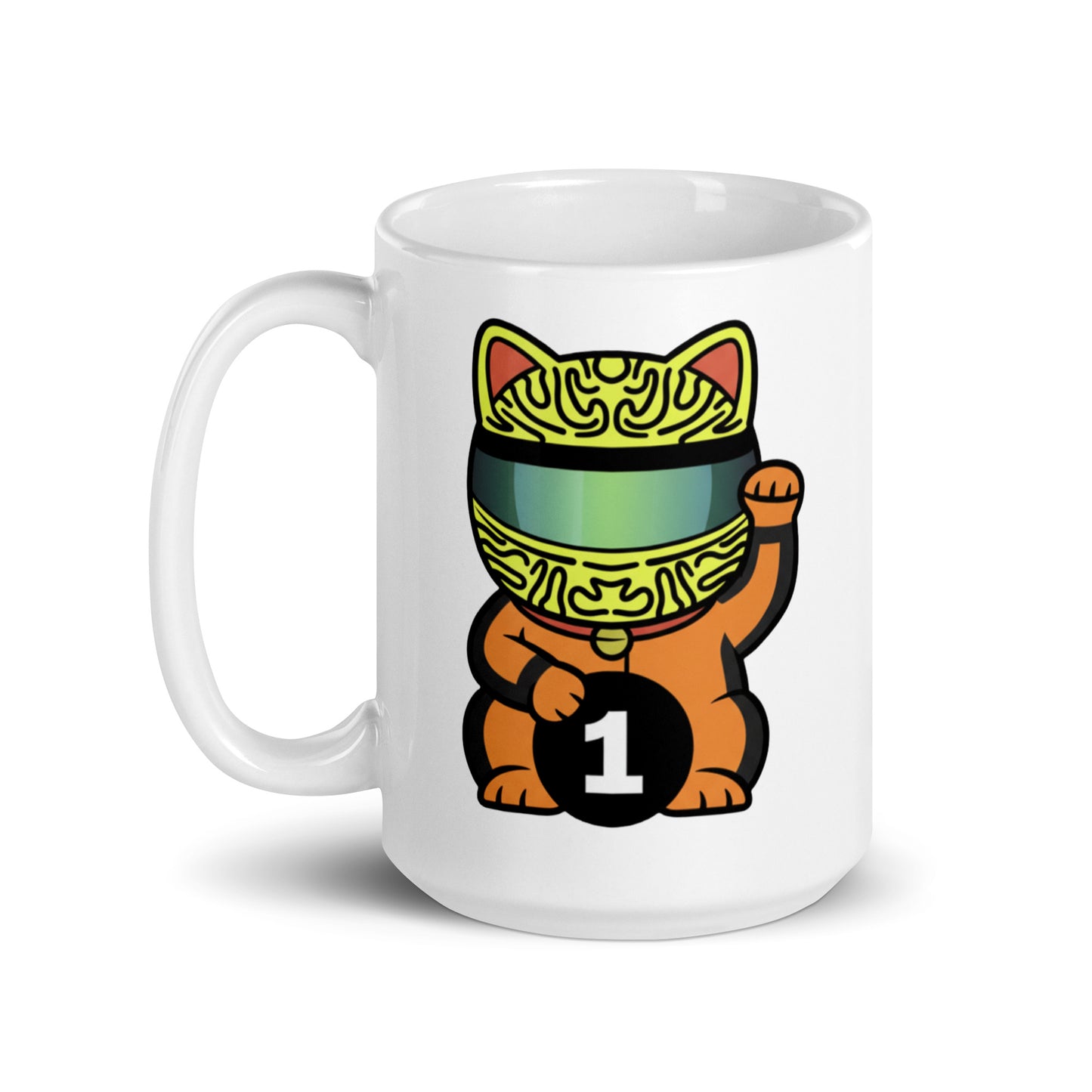 Glossy ceramic mug with a helmeted lucky cat in papaya vibes holding a #1 coin ideal for fans living in their champion era.