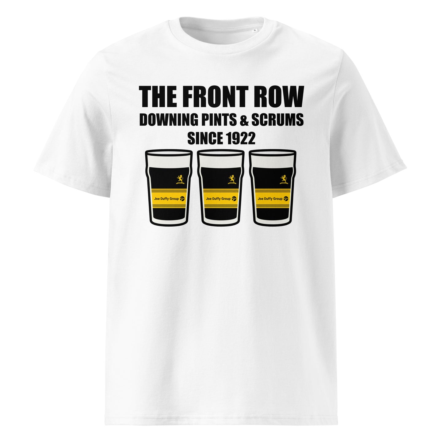 White Malahide RFC rugby t-shirt with black slogan text reading The Front Row Downing Pints & Scrums Since 1922 and three pint glasses in black and amber club colours.