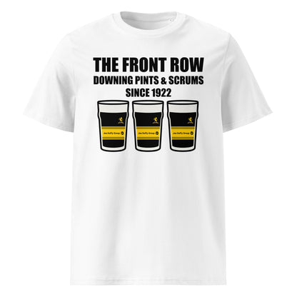 White Malahide RFC rugby t-shirt with black slogan text reading The Front Row Downing Pints & Scrums Since 1922 and three pint glasses in black and amber club colours.