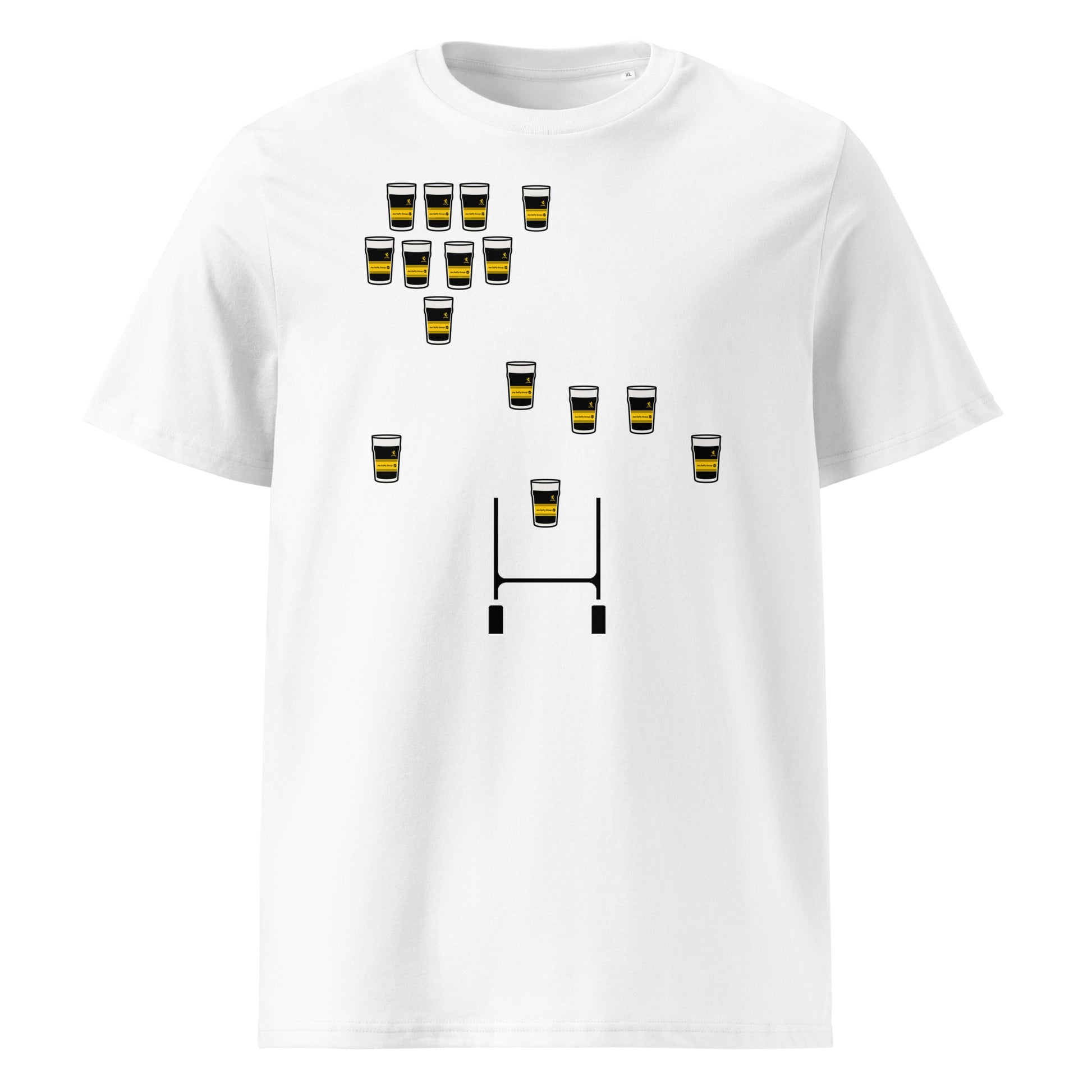 White Malahide RFC rugby t-shirt featuring black pint glasses with a yellow band arranged in a rugby team formation above rugby posts.
