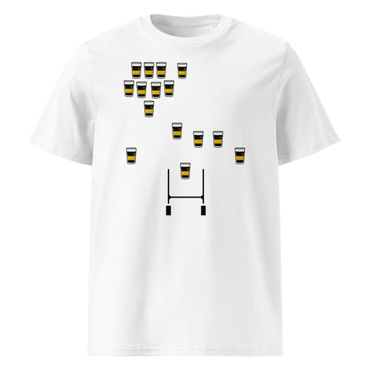White Malahide RFC rugby t-shirt featuring black pint glasses with a yellow band arranged in a rugby team formation above rugby posts.
